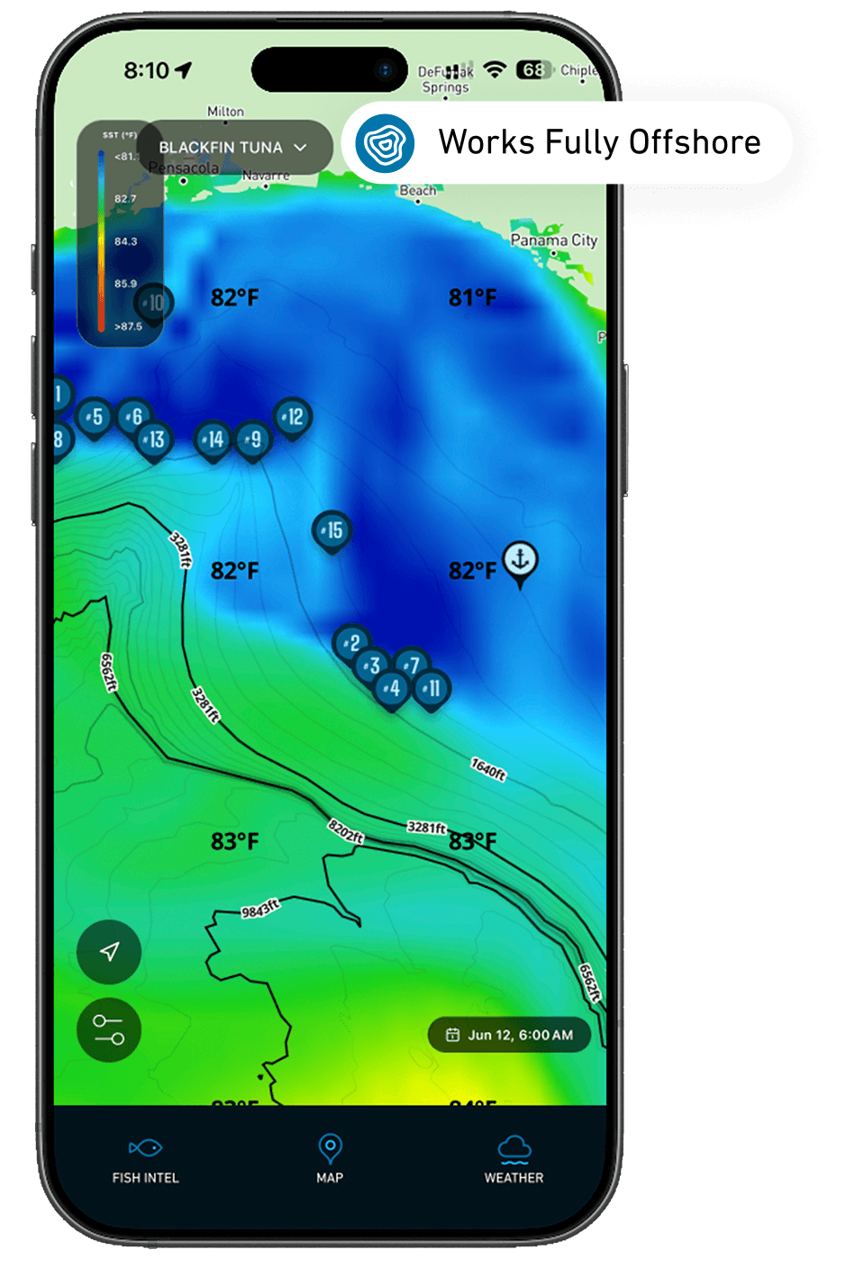 Breakpoint app showing ranked fishing hotspots on a live ocean map